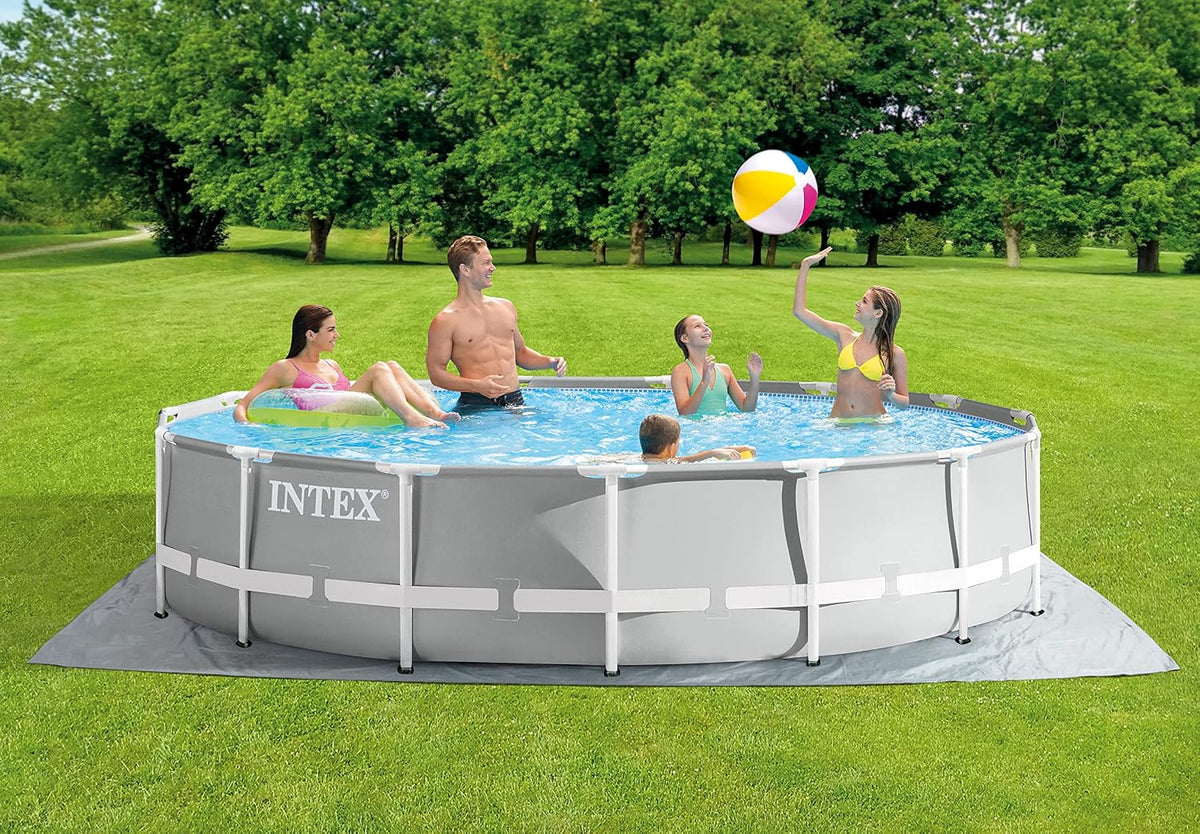 INTEX 'PrismFrame' Pool rund Aufstellpool Komplettset (Ø 457 x 107 cm) inkl. 12V Filterpumpe Leiter, blau (26724GN), 614l
