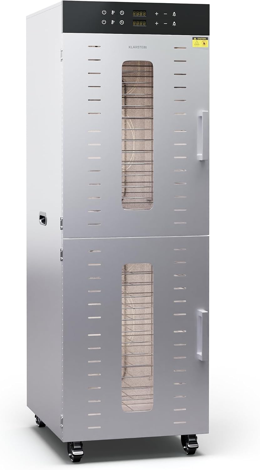 Klarstein Dörrautomat Edelstahl, 24-Stunden-Timer, 3.000 W, 30–90 °C, 50–55 dB, für Obst, 32 Edelstahl-Einlegeböden, 4 Ventilatoren, 2 Trockenkammern