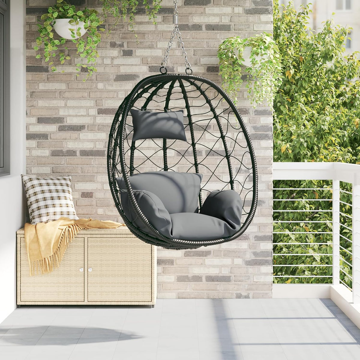 Hängesessel Korb ohne Gestell Anthrazit Poly Rattan, wetterfester Outdoor-Sessel mit weicher Polsterung für Garten, 1 Stück, Terrasse und Balkon