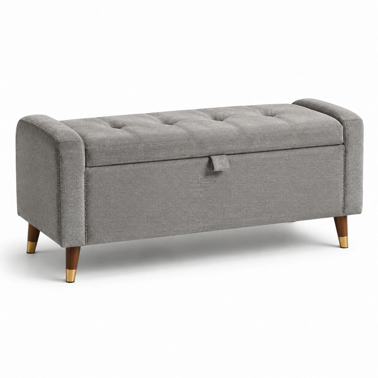 Gepolsterte Sitzbank mit Stauraum und Armlehnen, Grau, 116 × 44 × 58 cm