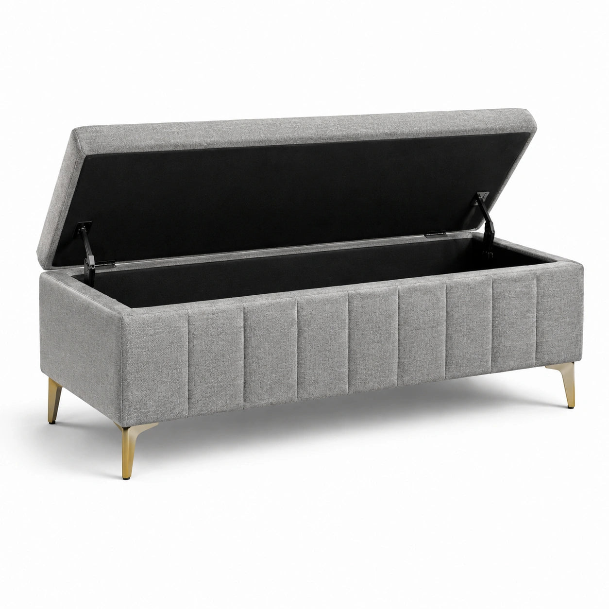 Aufbewahrungsbank mit Klappdeckel, 120 × 45 × 47 cm, grauer Webstoff, goldfarbene Metallbeine