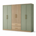 Kleiderschrank 300 × 60 × 220 cm in Salbeigrün und Eiche Natur mit 6 Türen, 2 Schubladen und goldfarbenen Griffen