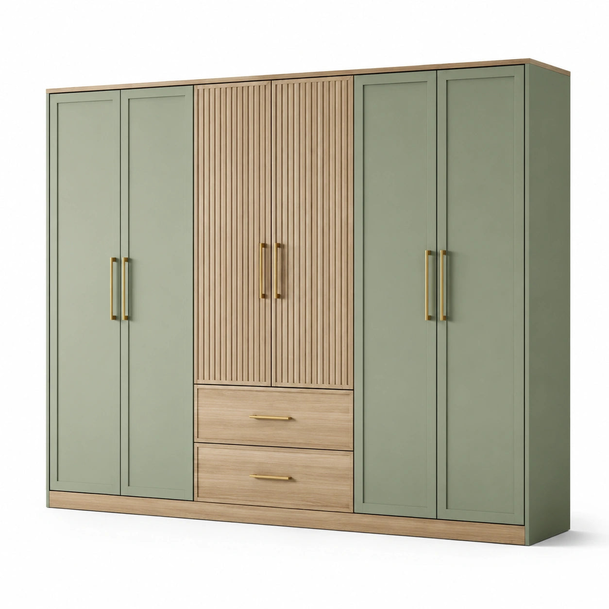 Kleiderschrank 300 × 60 × 220 cm in Salbeigrün und Eiche Natur mit 6 Türen, 2 Schubladen und goldfarbenen Griffen