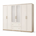 Kleiderschrank mit 6 Türen und 2 Schubladen, 300 × 58 × 220 cm, Cremeweiß/Eiche hell/Gold
