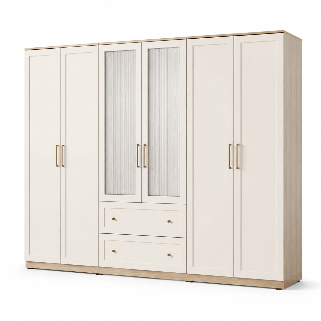 Kleiderschrank mit 6 Türen und 2 Schubladen, 300 × 58 × 220 cm, Cremeweiß/Eiche hell/Gold