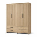 Kleiderschrank mit 4 Türen und 4 Schubladen, 160 × 55 × 200 cm, Natur/Schwarz, Lamellenoptik