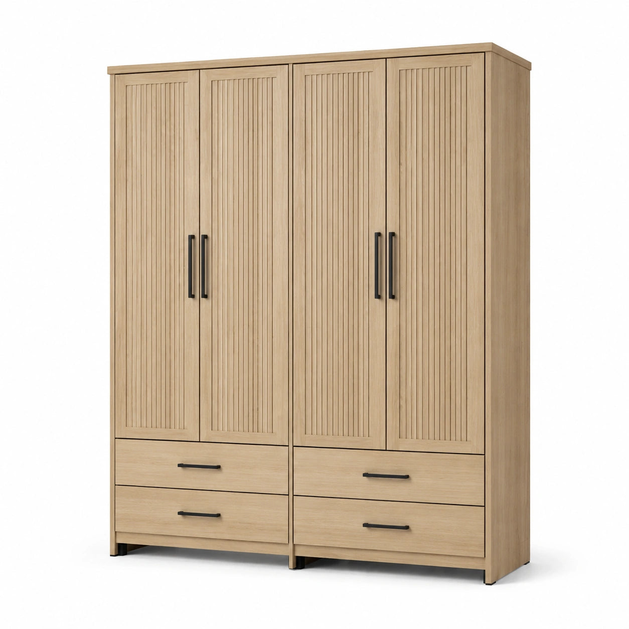 Kleiderschrank mit 4 Türen und 4 Schubladen, 160 × 55 × 200 cm, Natur/Schwarz, Lamellenoptik