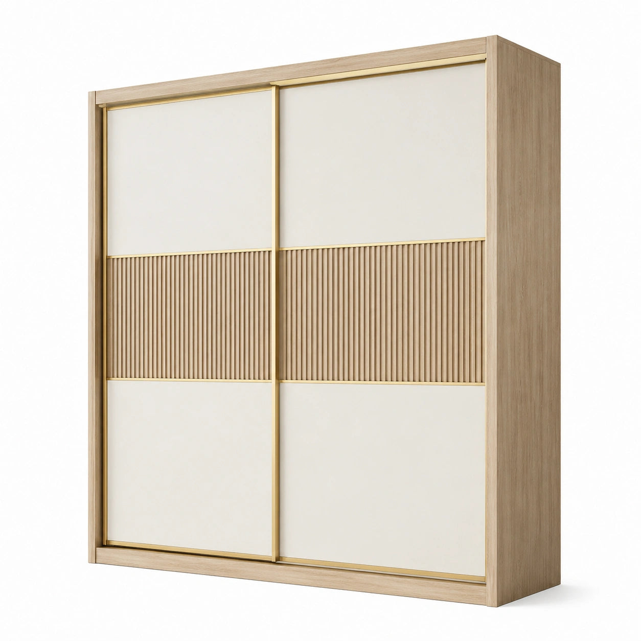 Moderner Kleiderschrank mit 2 Schiebetüren und geriffelter Front, Eichefarben/Cremeweiß/Goldfarben, 200 × 60 × 220 cm