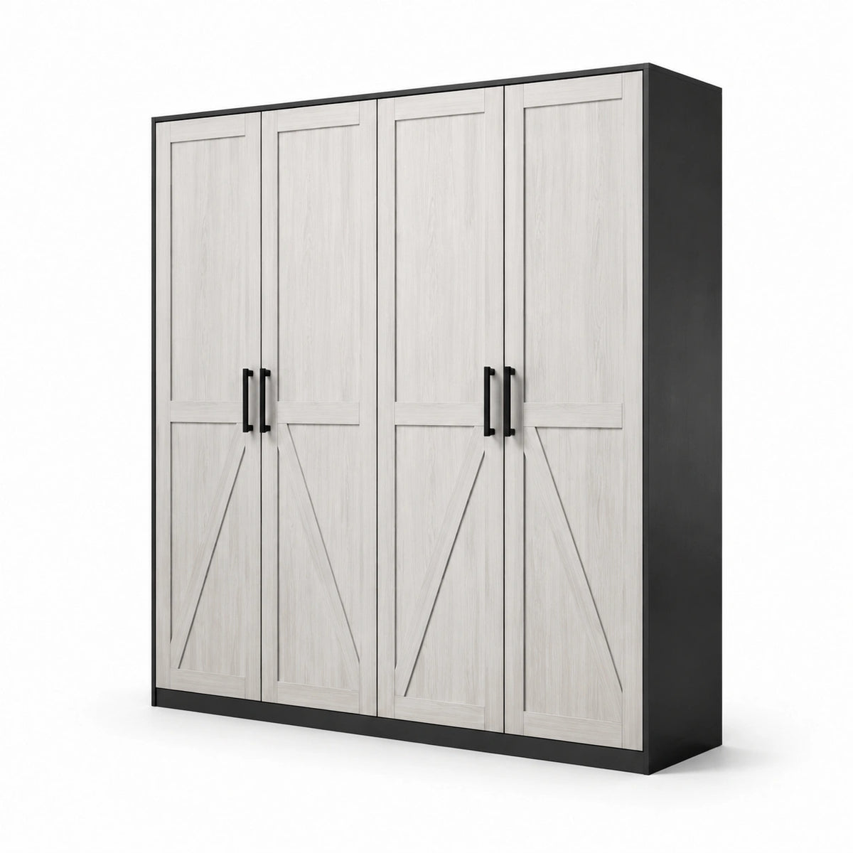 Viertüriger Kleiderschrank im modernen Landhausstil, 200 × 52 × 200 cm, Weiß/Schwarz