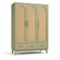 Dreitüriger Kleiderschrank aus Holzwerkstoff mit Rattangeflecht, Olivgrün/Natur/Goldfarben, 120 × 50 × 180 cm