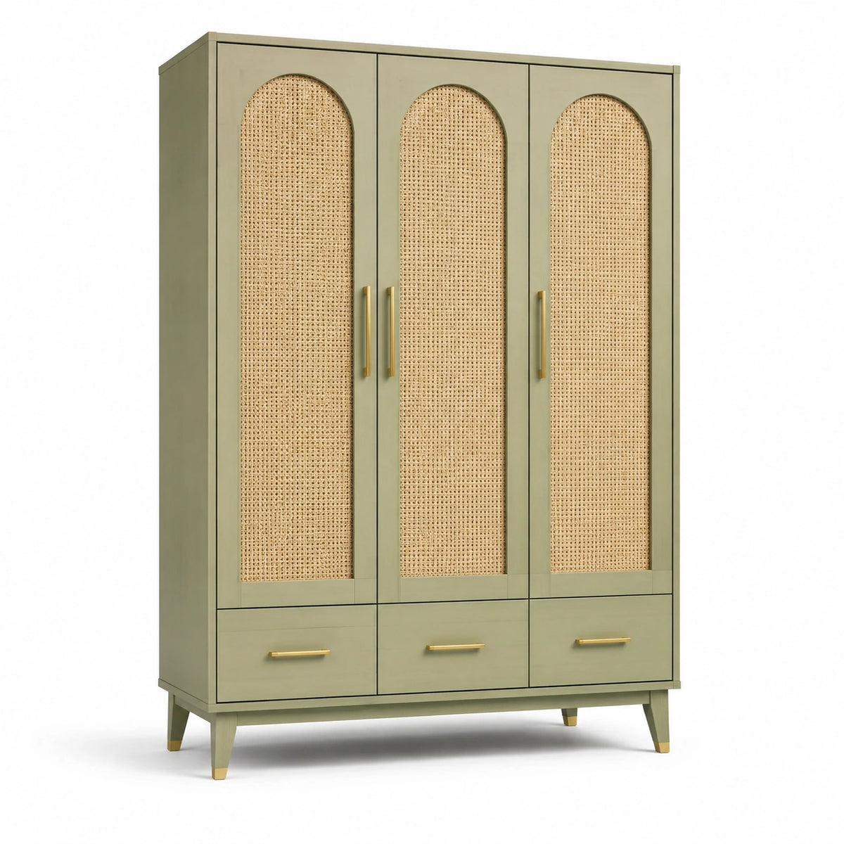 Dreitüriger Kleiderschrank aus Holzwerkstoff mit Rattangeflecht, Olivgrün/Natur/Goldfarben, 120 × 50 × 180 cm