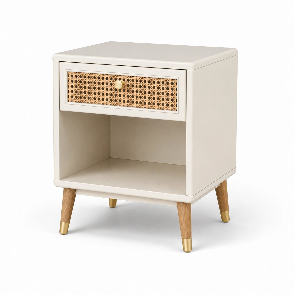 Nachttisch aus Holzwerkstoff in Creme mit Rattangeflecht, Schublade und offenem Fach, 45 × 40 × 60 cm