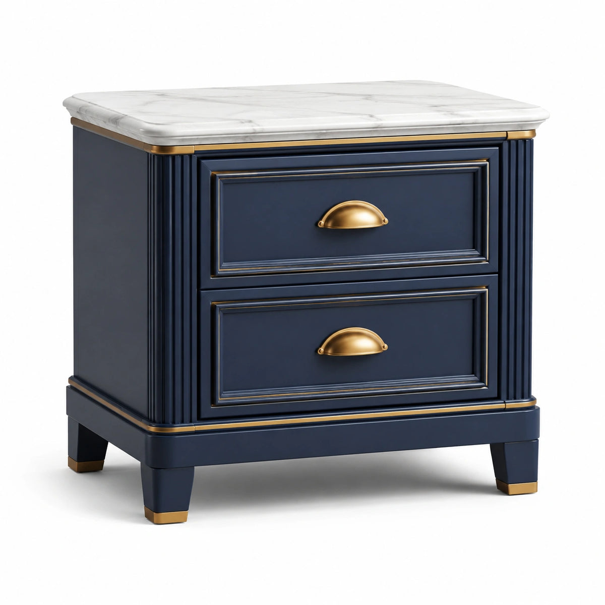 Nachttisch aus Holzwerkstoff mit 2 Schubladen und Deckplatte in Marmoroptik, Dunkelblau/Weiß/Gold, 60 × 45 × 65 cm
