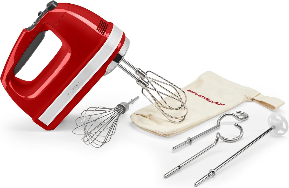 KitchenAid Handmixer 9 Stufen, 85W leiser DC-Motor mit Sanftanlauf, 6 Zubehörteile, Rühr, Knethaken, Schneebesen & Rührstab, Schwenkkabel, Tasche
