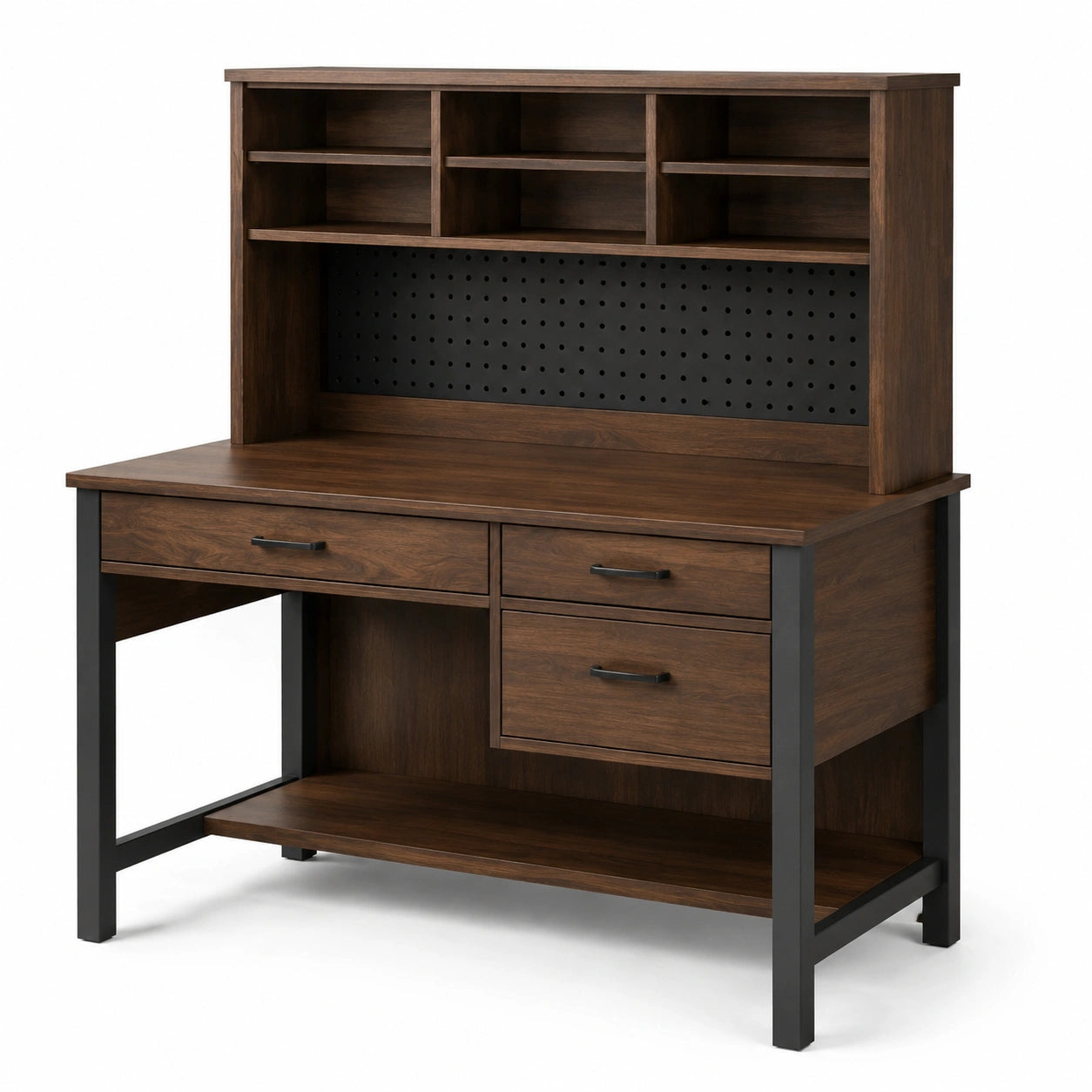 Schreibtisch mit Aufsatz und 3 Schubladen, 120 × 60 × 145 cm, Holzwerkstoff und Metall, Braun/Schwarz