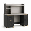 Moderner Schreibtisch mit Aufsatz, 3 Schubladen und Schrankfach, 120 × 60 × 150 cm, Schwarz/Grau/Goldfarben
