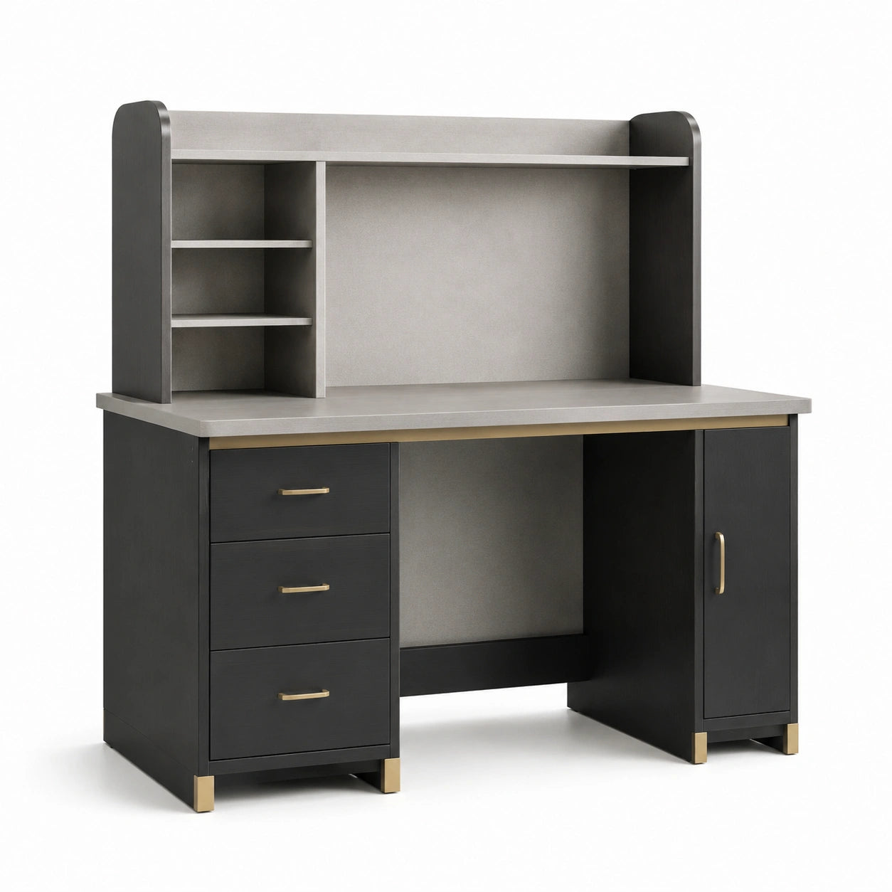 Moderner Schreibtisch mit Aufsatz, 3 Schubladen und Schrankfach, 120 × 60 × 150 cm, Schwarz/Grau/Goldfarben