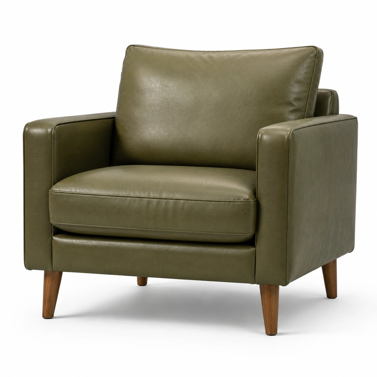 Moderner Loungesessel in Olivgrün mit lederähnlichem Bezug und braunen Holzfüßen, 90 × 86 × 86 cm