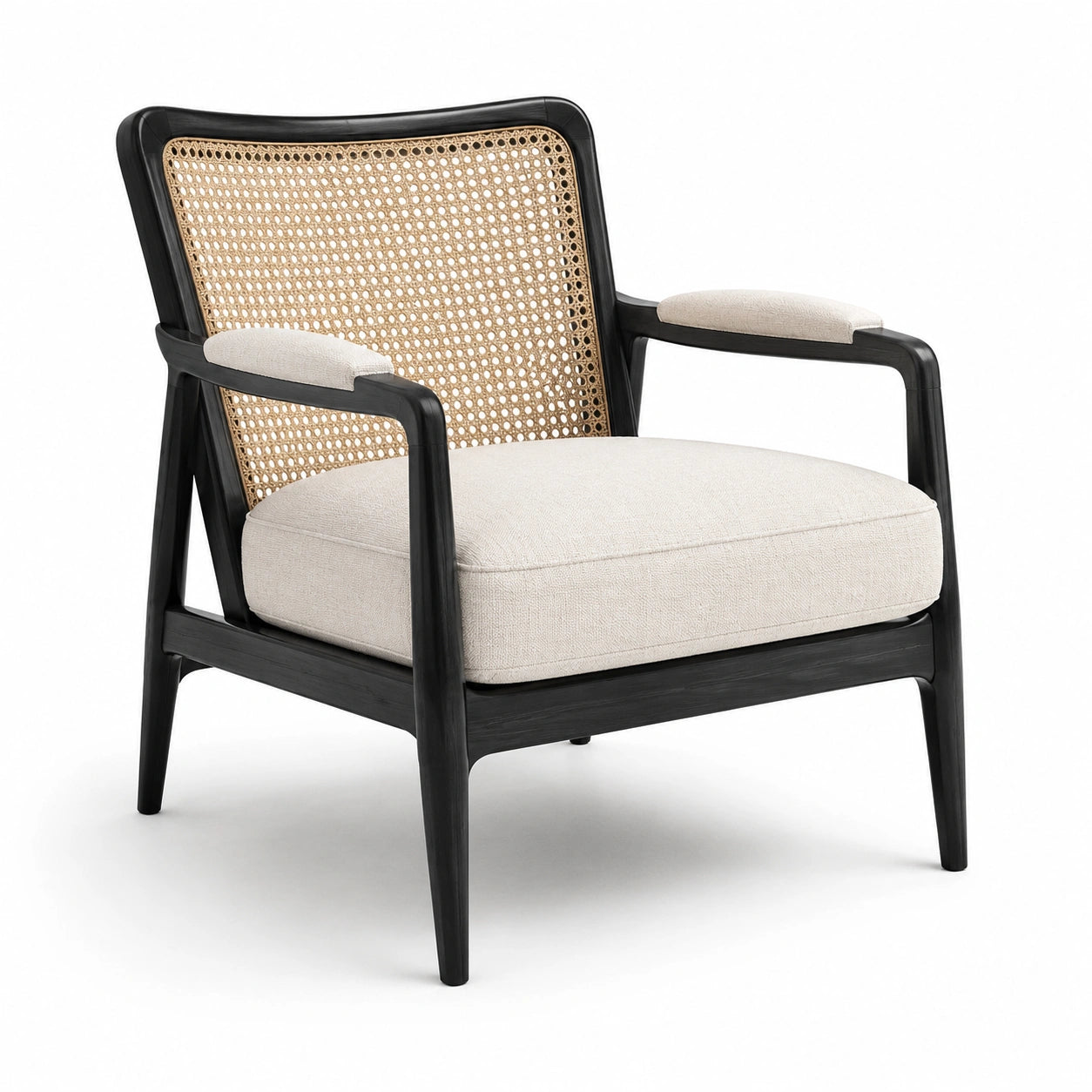 Retro-Sessel mit Armlehnen aus Holz und Rattangeflecht, 75 × 80 × 83 cm, Schwarz/Natur/Creme