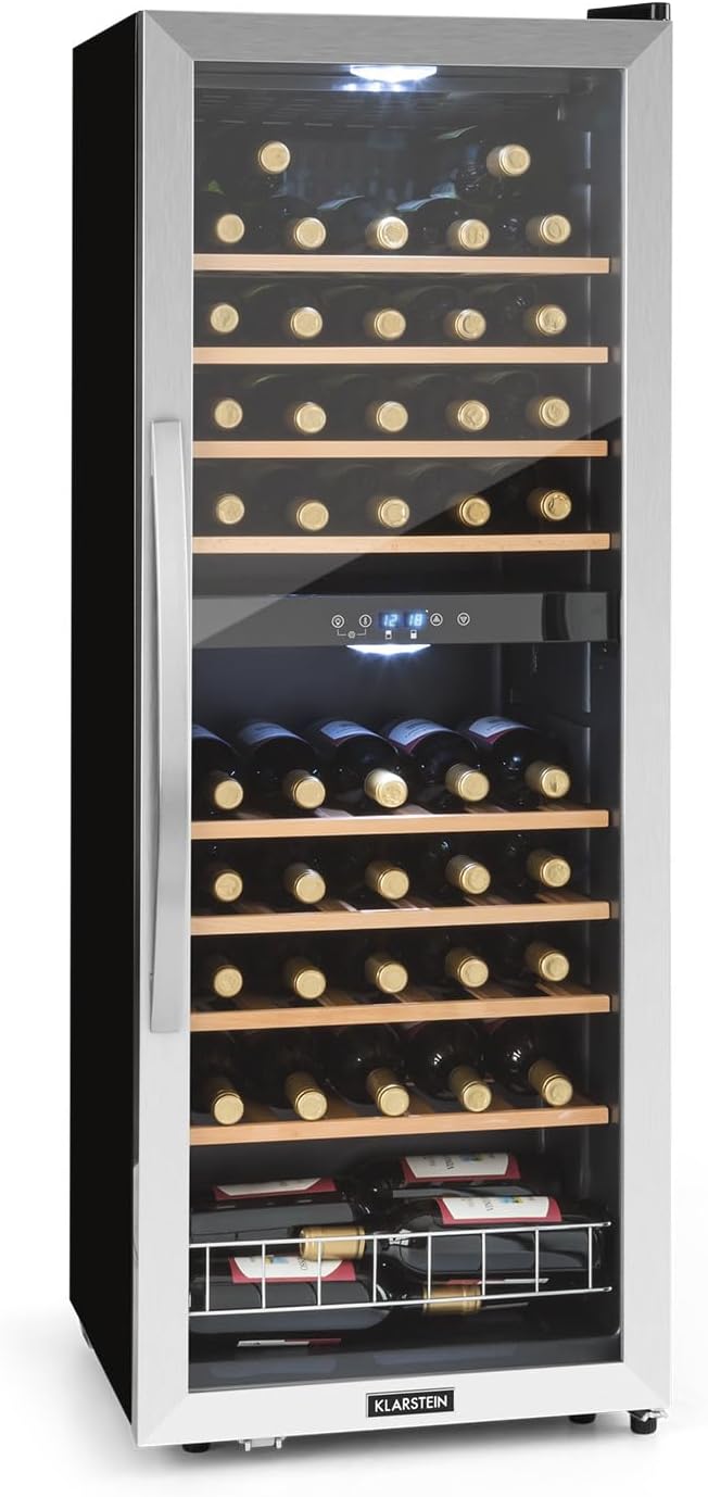 Klarstein Weinkühlschrank, Outdoor-Kühlschrank mit Glastür, Leiser Weinkühler 5-18°C, Flaschenkühlschrank Klein mit UV-Schutz, 54 Flaschen