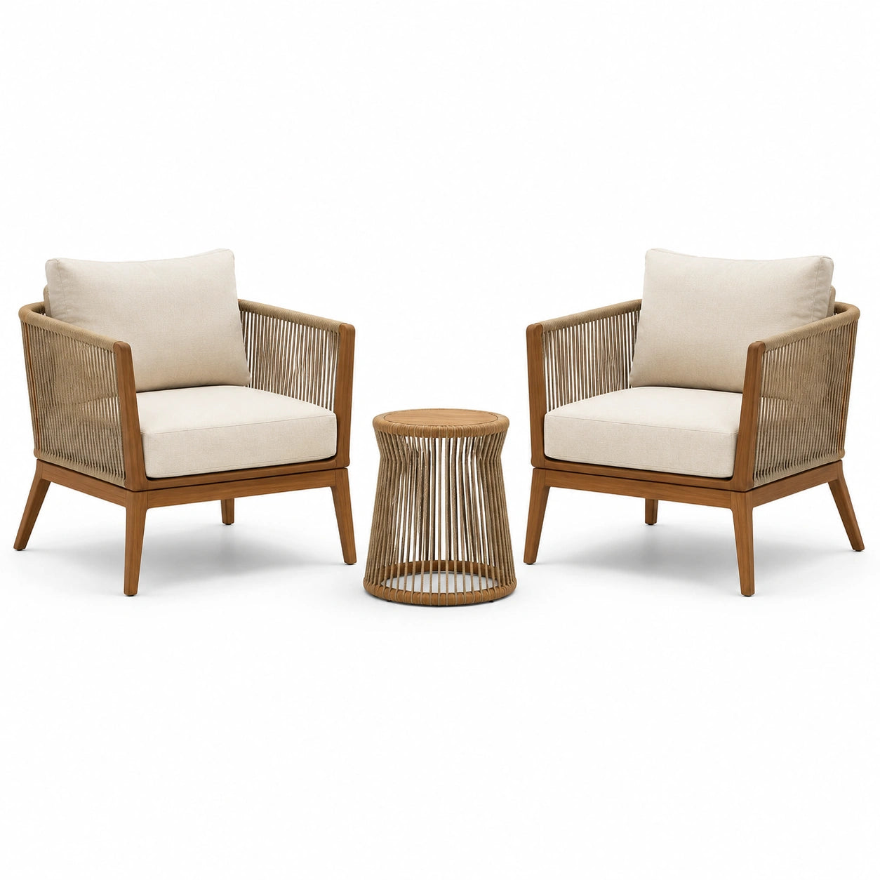3-teiliges Gartenmöbel-Set mit 2 Loungesesseln und rundem Beistelltisch, Beige/Braun/Cremeweiß, Sessel 76 × 78 × 82 cm, Tisch Ø 46 × 49 cm
