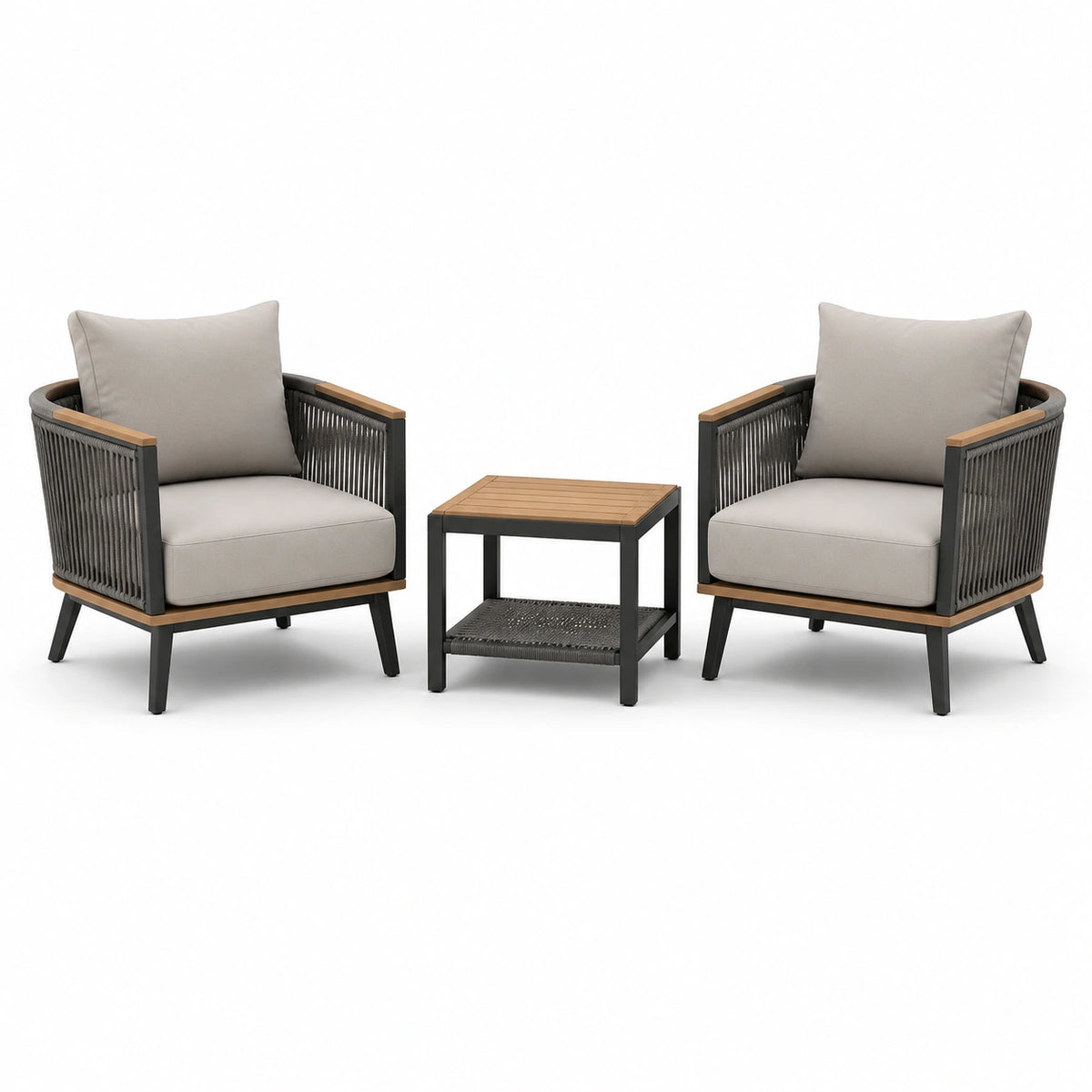 3-teiliges Gartenmöbel-Set mit 2 Sesseln (75 × 78 × 80 cm) und Beistelltisch (50 × 50 × 50 cm), Grau/Braun/Schwarz