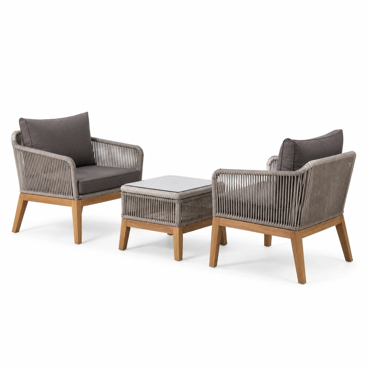 3-teilige Garten-Sitzgruppe mit 2 Sesseln 74 × 78 × 82 cm und Beistelltisch 65 × 65 × 45 cm, Holz und Seilgeflecht, Grau/Natur