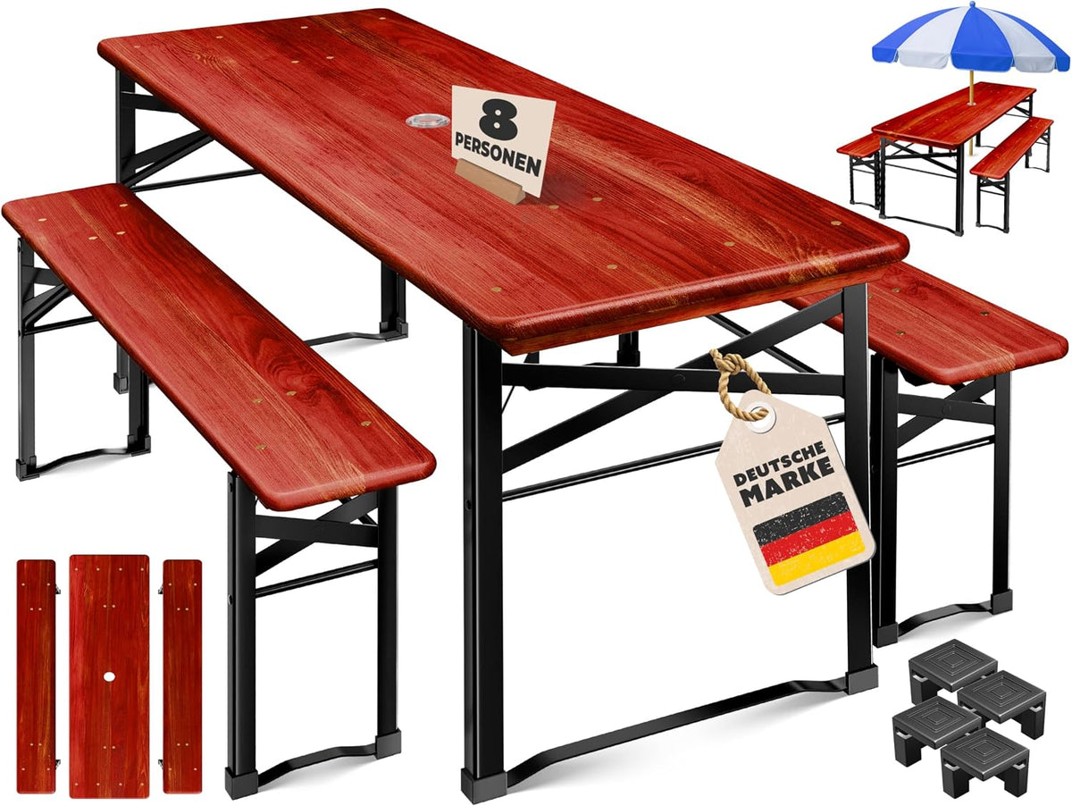 KESSER Bierzeltgarnitur 3-TLG., 170x46x75cm, 12-TLG. Bodenschoner, Biertisch mit 2 Bierbänken, Festzeltgarnitur klappbar, Gartenmöbel Set Holz, stabil