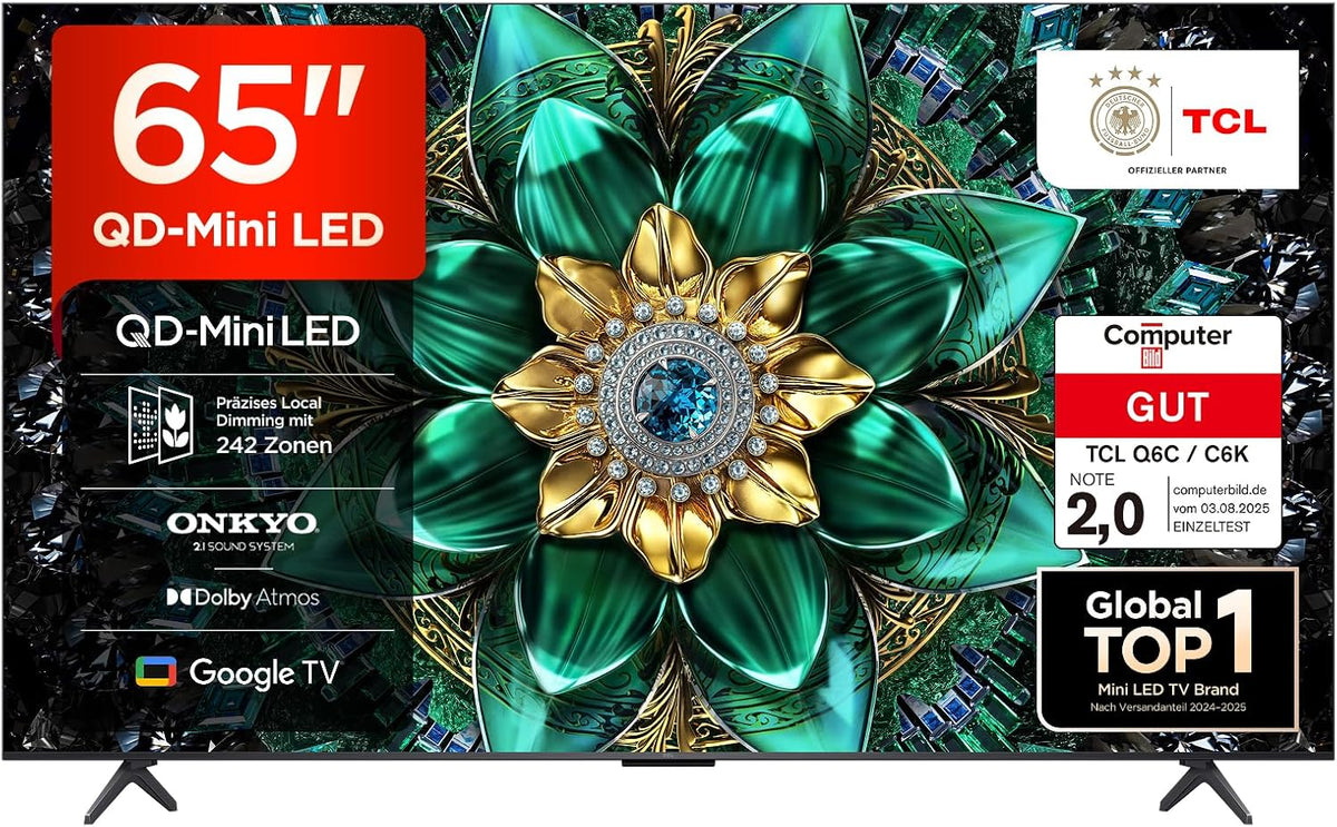 TCL 65Q6C 65 Zoll QD-Mini LED Fernseher, 144Hz Motion Clarity Pro, 4K HDR Premium 1000nits, Smart TV mit Google TV