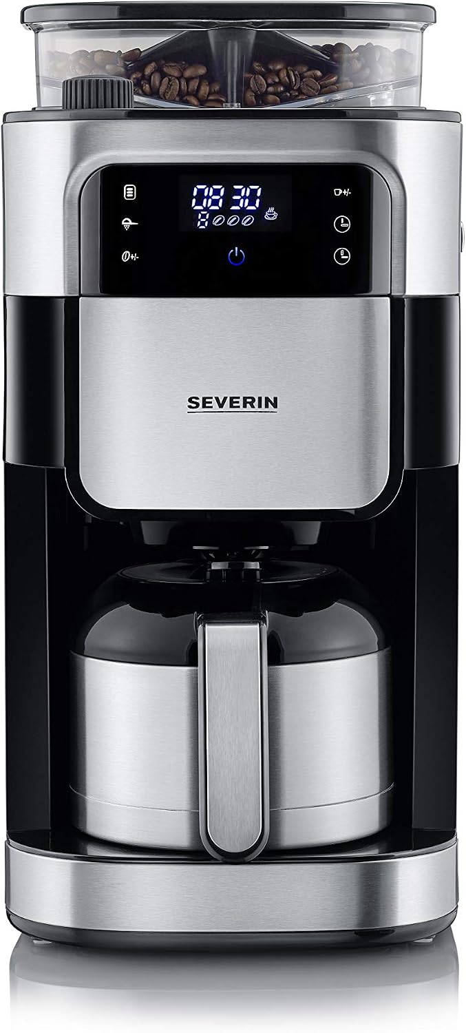 SEVERIN Filterkaffeemaschine mit Edelstahl-Mahlwerk und Thermokanne, für bis zu 8 Tassen / ca. 1 Liter, 1000 W, Schwarz, KA 4814