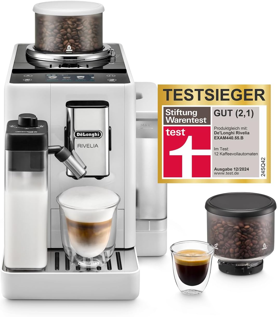 De'Longhi Rivelia EXAM440.55.W Kaffeevollautomat, wechselbarer Bohnenbehälter, 16 Kaffee- & Milchgetränke auf Knopfdruck, Extra-Shot-Funktion, Weiß