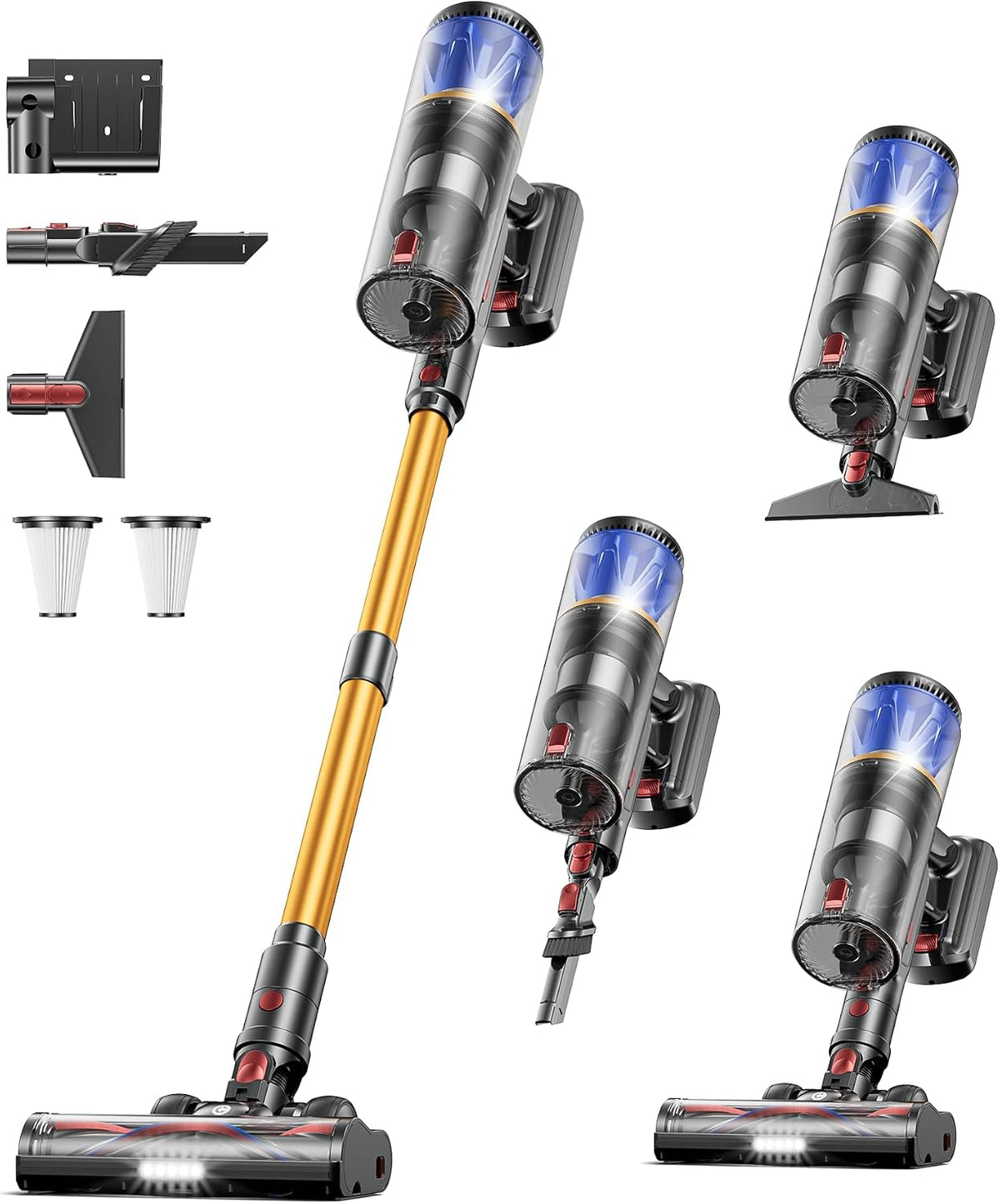 CHEBIO Akku Staubsauger 65KPA/650W/70Mins, Staubsauger Kabellos mit LED Display, für Tierhaare/Hartböden/Teppich, Selbststehend, Anti-Tangle-Bürste