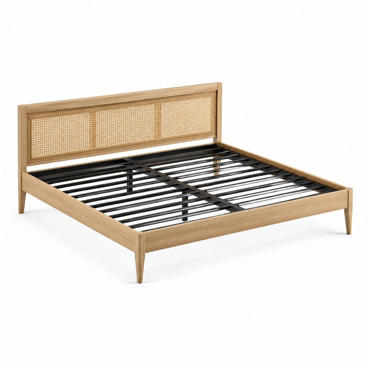 Doppelbett mit Rattan-Kopfteil und Metalllattenrost, Natur/Schwarz, Liegefläche 160 × 200 cm, Gesamtmaße 208 × 166 × 110 cm