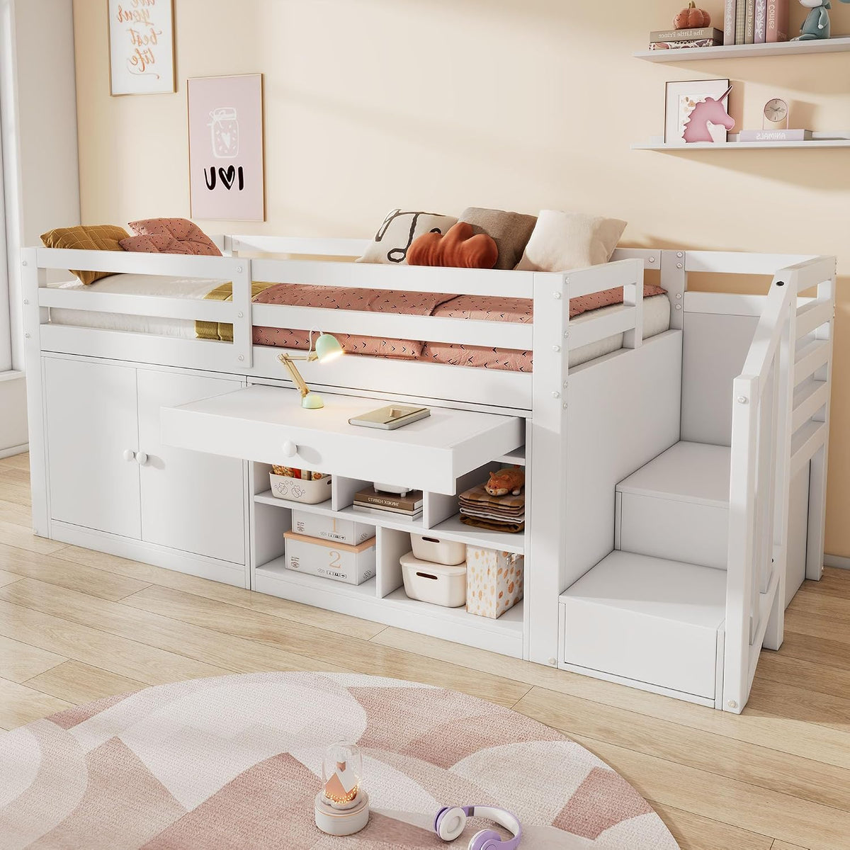 Kinderbett 90x200, ohne Matratze, Hochbett mit Schreibtisch, Holzbett mit Rausfallschutz&Lattenrost, Stauschrank und Stauraumtreppe, Weiß