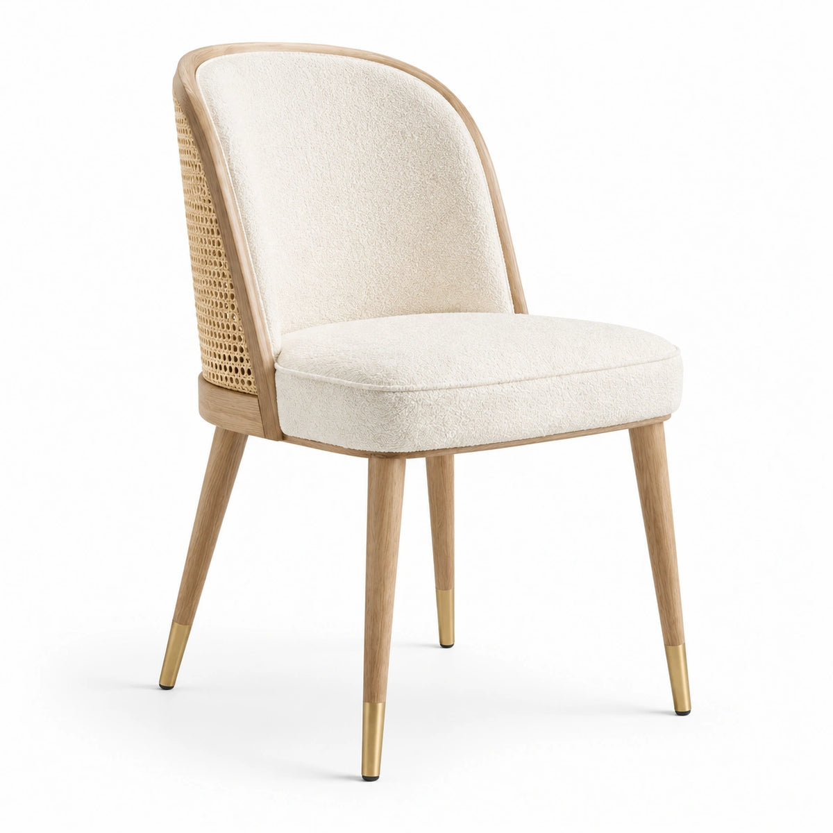 Moderner Polsterstuhl 58 × 62 × 84 cm in Creme, Naturholz und Gold mit Bouclé-Bezug und Rattangeflecht