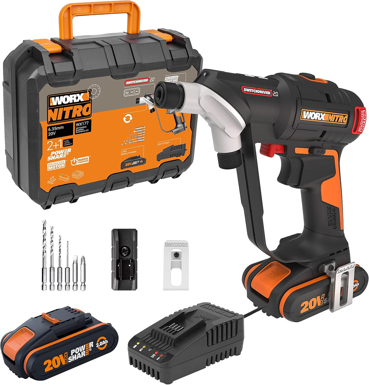 WORX WX177 Akku-Bohrschrauber Switchdriver 2.0 20V, inkl. Akkus & Ladegerät