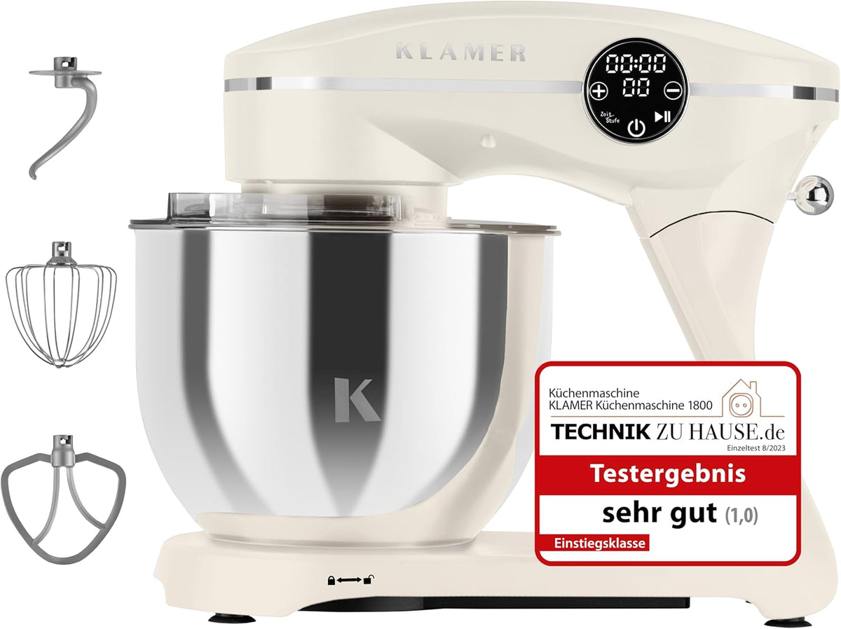 KLAMER Küchenmaschine 1800W, Knetmaschine Brotteig mit 6L Edelstahlschüssel