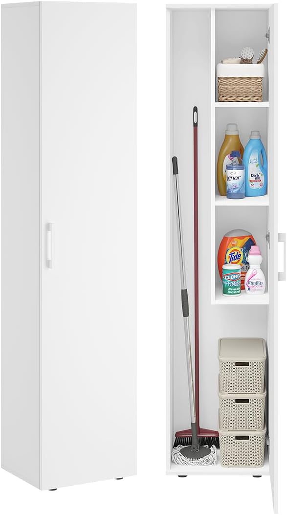 Bellamio Apol Besenschrank, Allzweckschrank 176x33x40 cm, Mehrzweckschrank 40 cm breit Weiß, Vorratsschrank mit Staubsaugerfach, Putzschrank aus Holz