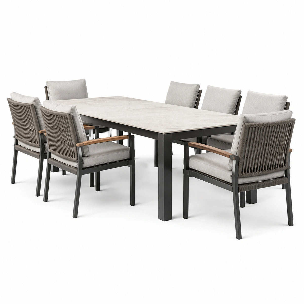 9-teiliges Gartenmöbel-Set mit Tisch 200 × 100 × 75 cm und 8 Armlehnstühlen 60 × 62 × 87 cm, Grau/Anthrazit/Hellbraun