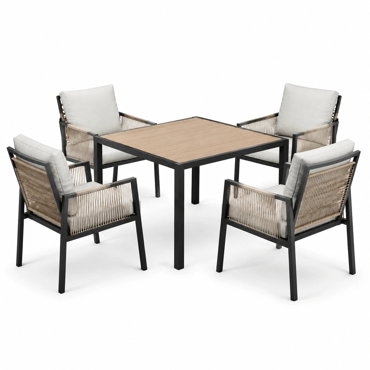5-teiliges Gartenmöbel-Set mit Tisch 110 × 110 × 75 cm und 4 Armlehnstühlen, Schwarz/Beige/Braun/Cremeweiß