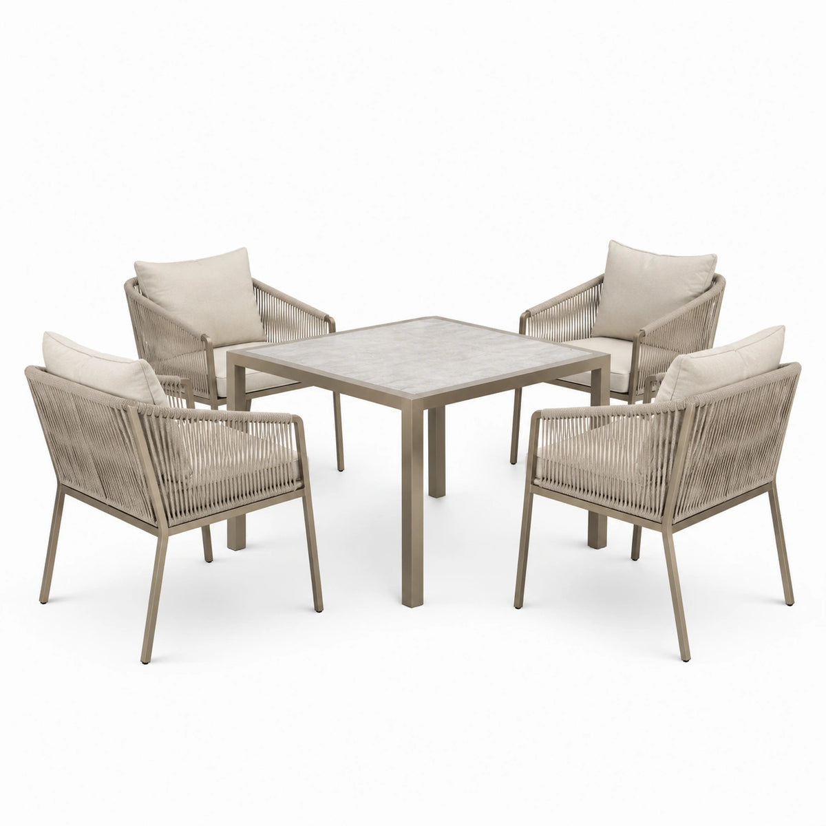 5-teiliges Gartenmöbel-Set in Beige/Taupe/Hellgrau mit Tisch 100 × 100 × 75 cm und 4 Sesseln 66 × 70 × 82 cm