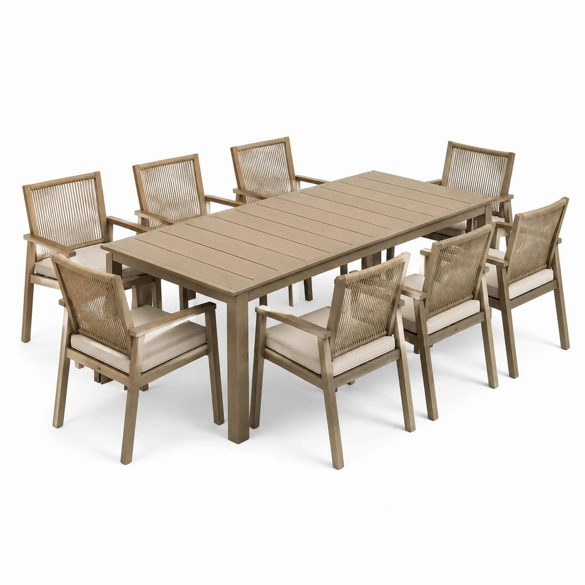 9-teilige Garten-Sitzgruppe mit Esstisch 220 × 100 × 75 cm und 8 Armlehnstühlen, Naturbeige/Creme