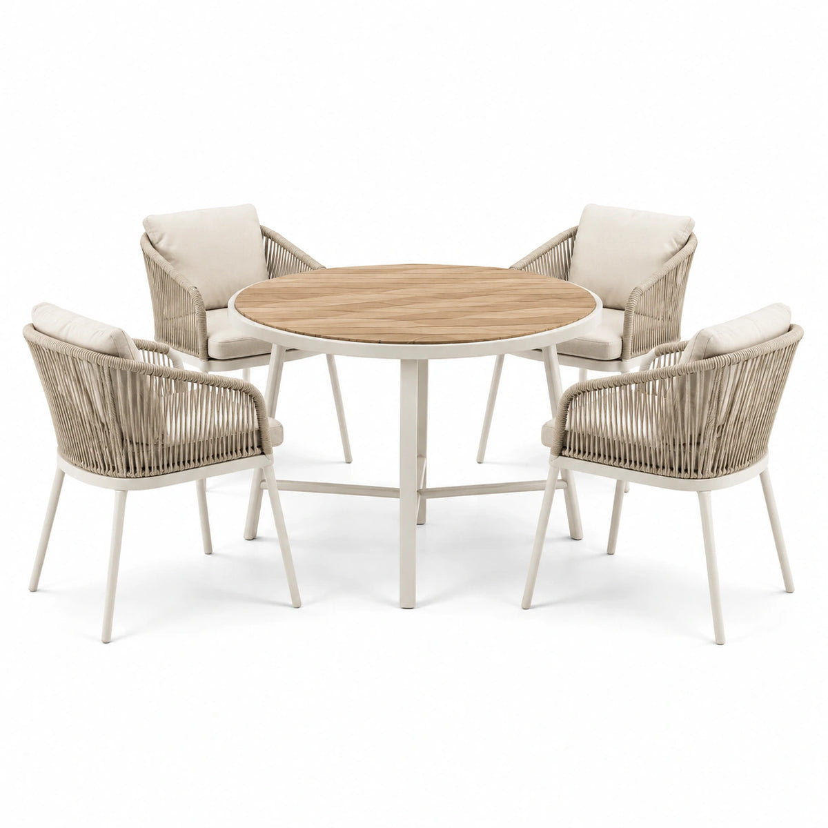 5-teiliges Gartenmöbel-Set mit rundem Tisch Ø 120 × 75 cm und 4 Sesseln 60 × 62 × 80 cm, Beige/Cremeweiß/Naturbraun