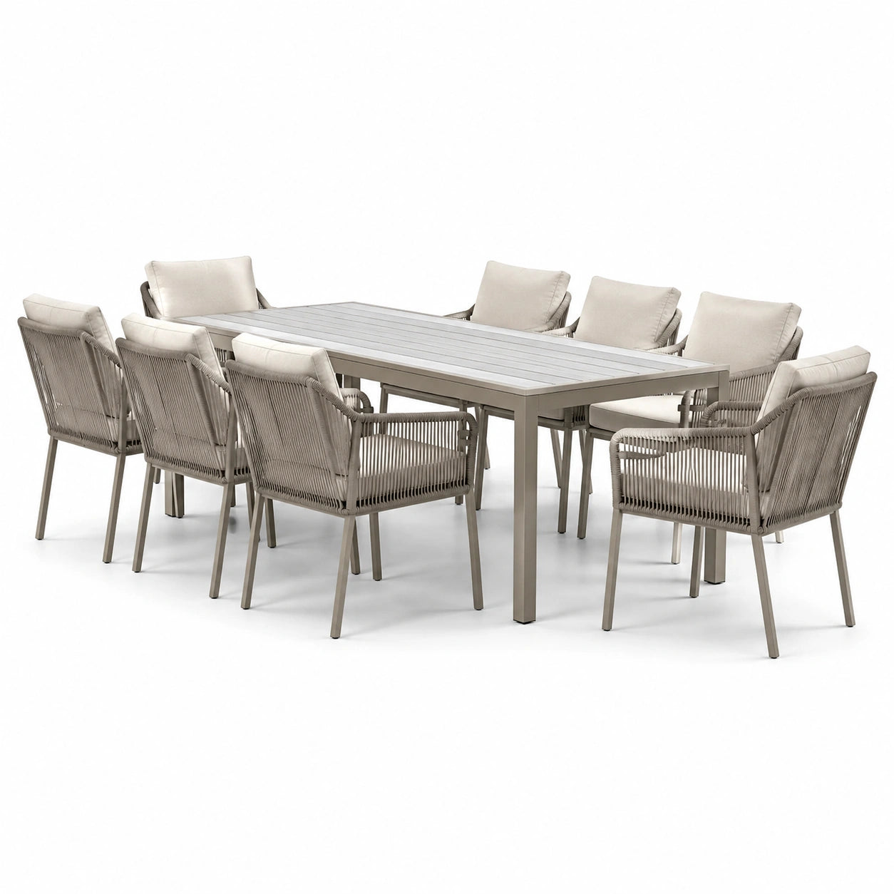 9-teiliges Gartenmöbel-Set in Taupe und Beige, Tisch 220 × 100 × 75 cm, 8 Armlehnstühle je 60 × 63 × 86 cm
