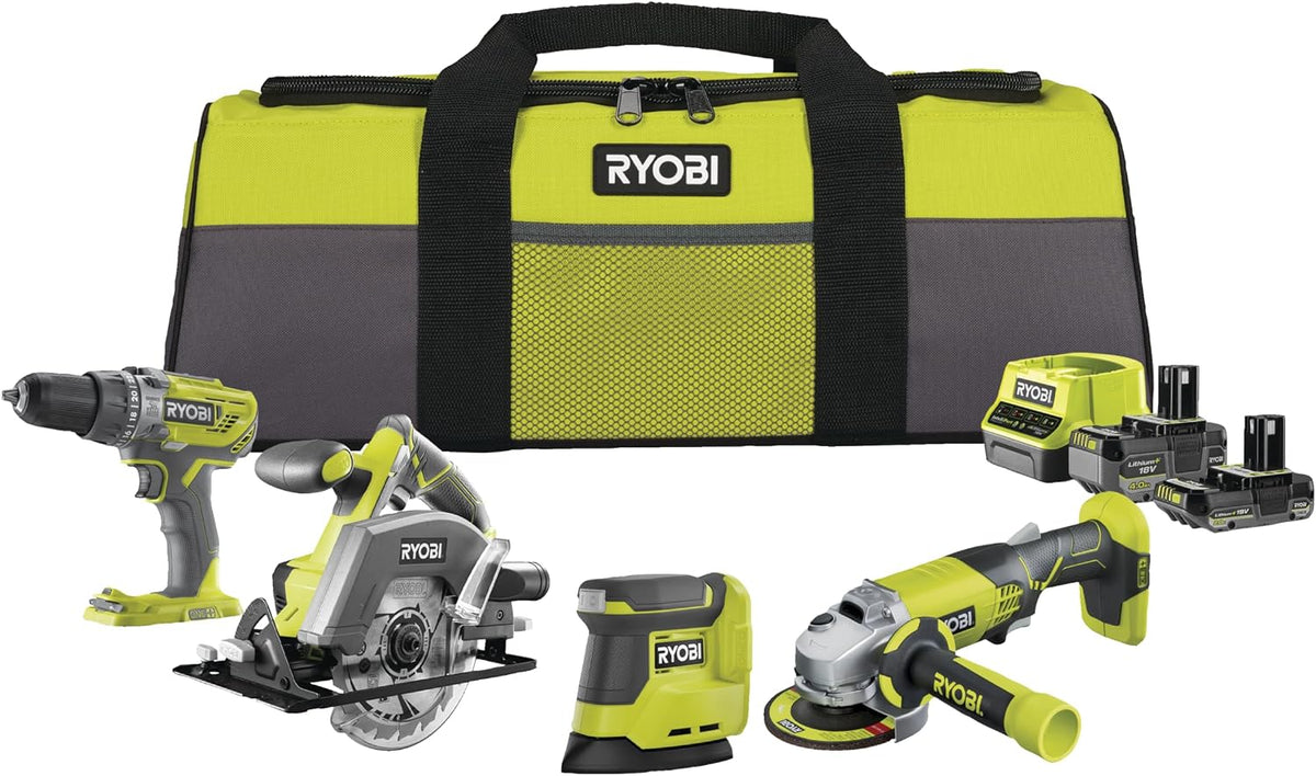RYOBI 18 V ONE+ 8-tlg, Akku-Combo-Kit RCK184O-242SZL, 2x Akkus (4,0Ah & 2,0Ah), Schlagbohrschrauber, Winkelschleifer, Handkreissäge, Ladegerät