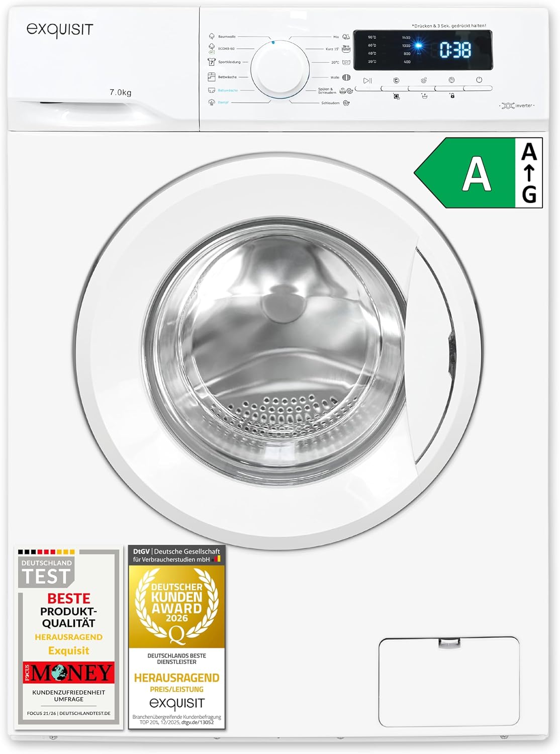 Exquisit Waschmaschine 7 kg, 1400 U/Min, Energieeffizienzklasse A, Weiss