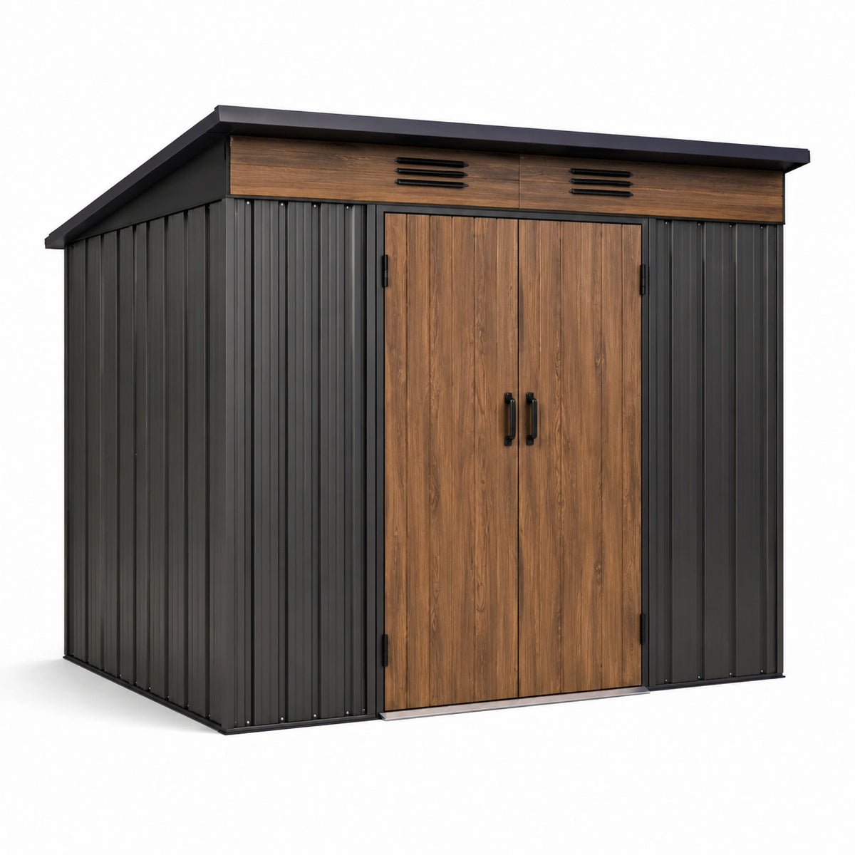 Geräteschuppen aus Stahl, 238 × 132 × 210 cm, Anthrazit/Braun/Schwarz, mit Doppeltür und Pultdach
