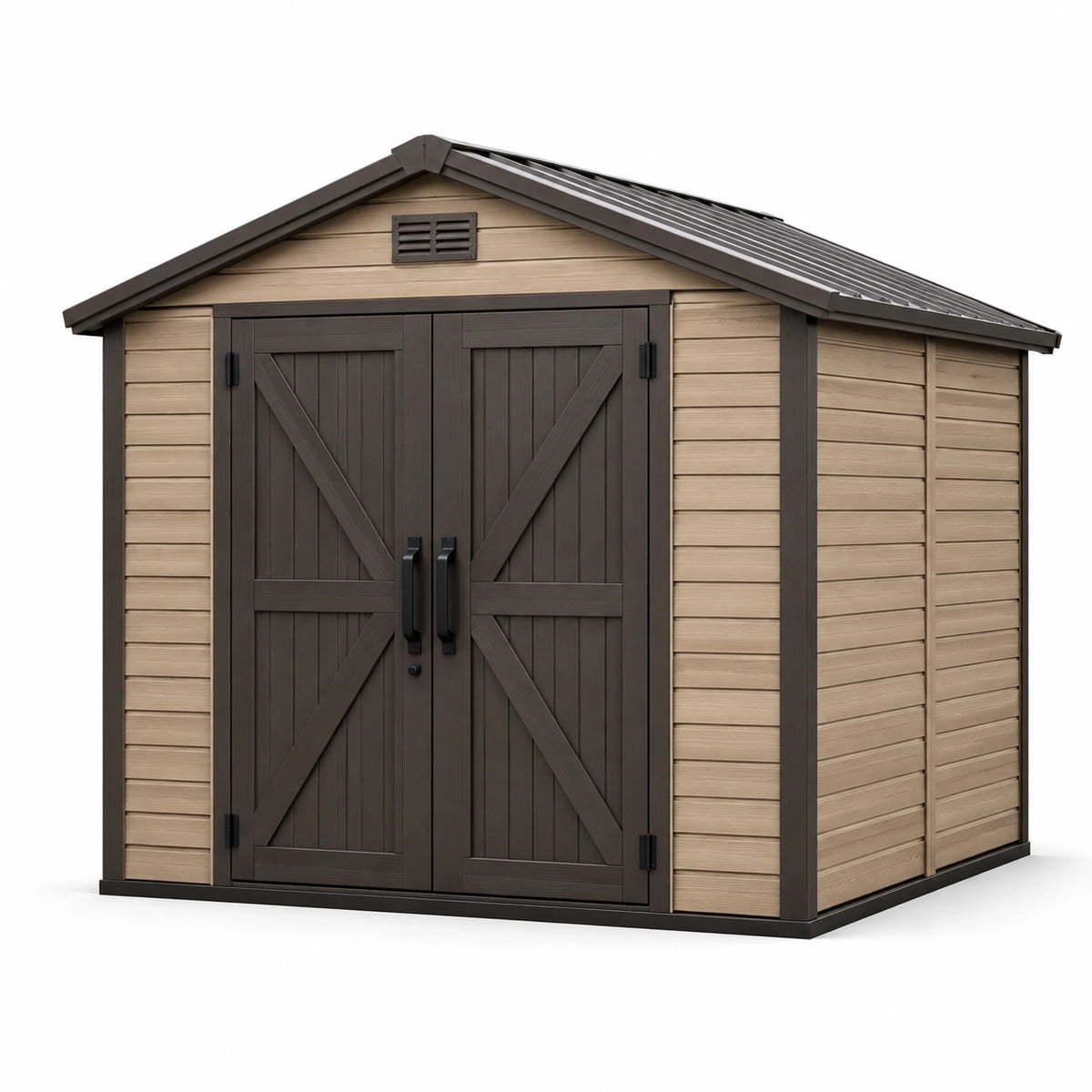 Kunststoff-Gerätehaus 190 × 122 × 210 cm Braun/Dunkelbraun mit Doppeltür und Belüftung