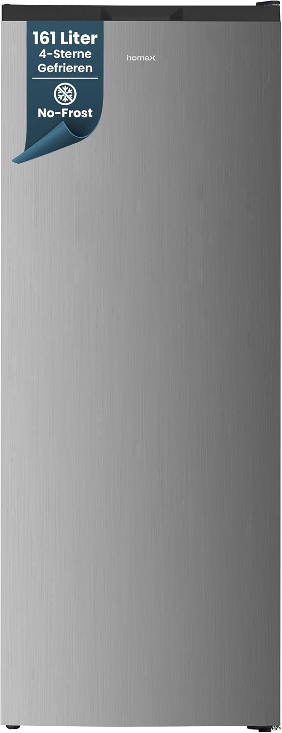 homeX Gefrierschrank NoFrost, 161L Nutzinhalt, 4-Sterne Gefrieren, FSN1611E-S, leise 39 dB, Tiefkühlschrank groß, Freezer No Frost, silber