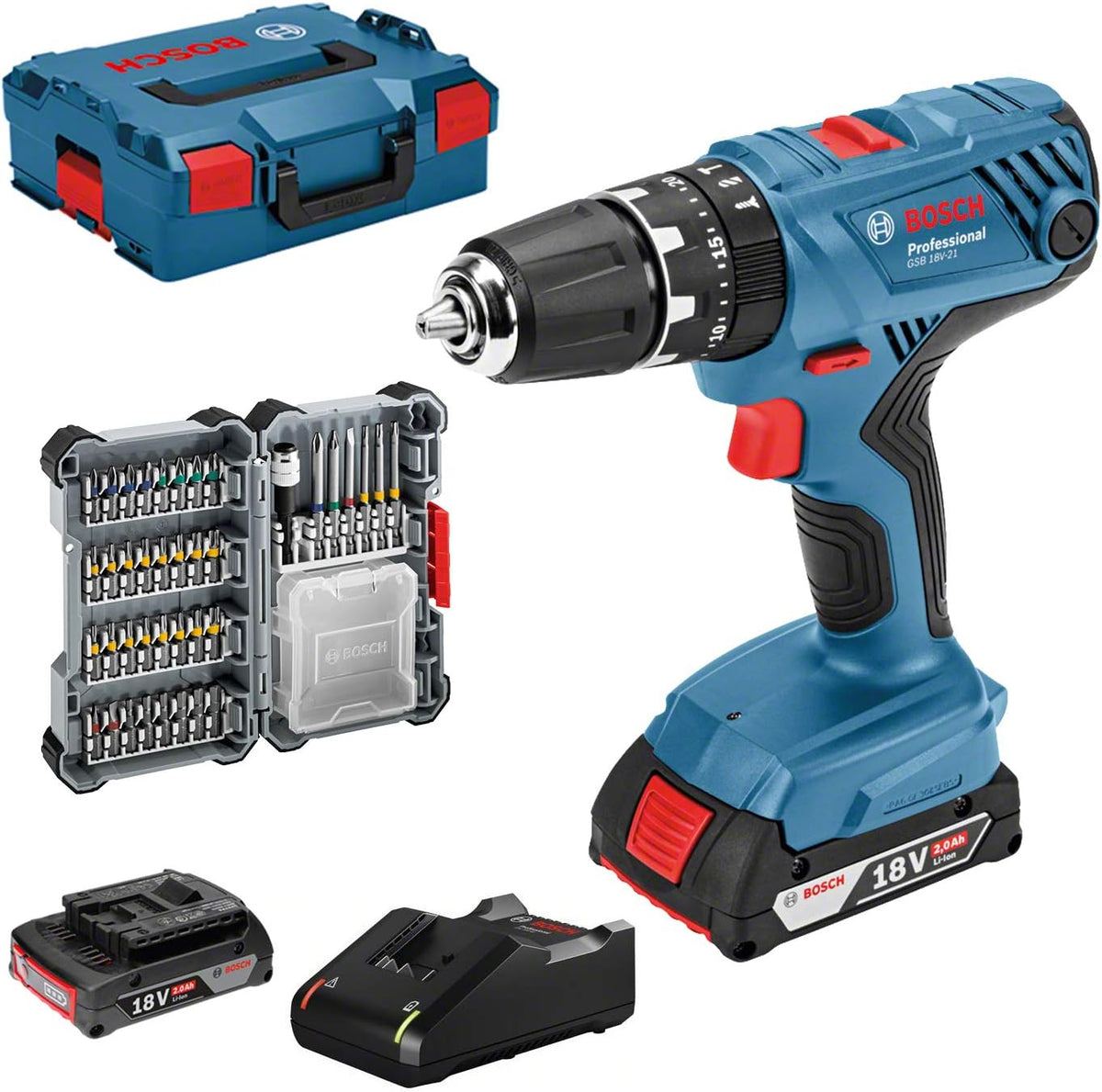 Bosch Professional 18V System Akku Schlagbohrschrauber GSB 18V-21 (inkl. 2x 2.0Ah Akku, 40tlg. Zubehör Set, L-BOXX)